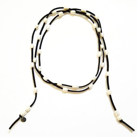 Black Leather and Freshwater Pearl Wrap Necklace