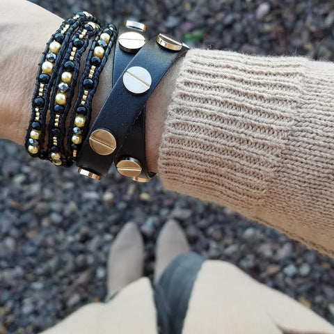 Image of Black Diamond and Gold Pearl Scalloped Wrap Bracelet on Black Leather