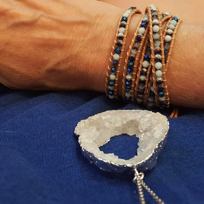 Blue and White Jade on Natural Leather Wrap Bracelet