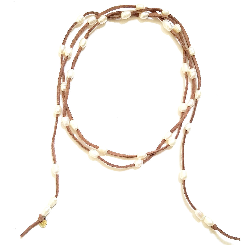 Natural Leather and Freshwater Pearl Wrap Necklace