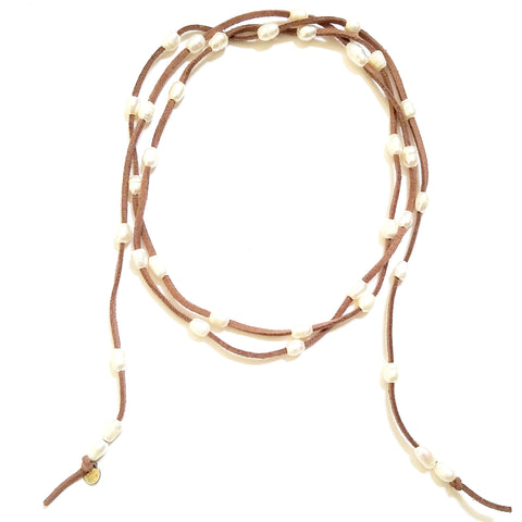 Image of Natural Leather and Freshwater Pearl Wrap Necklace