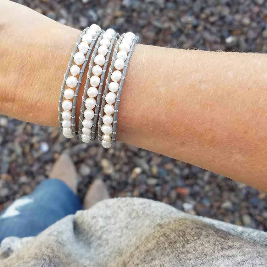 Freshwater Pearls on Gray Leather Wrap Bracelet