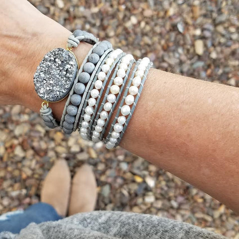Freshwater Pearls on Gray Leather Wrap Bracelet