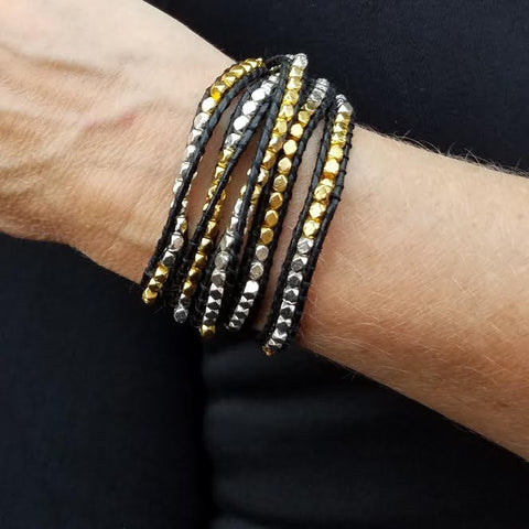 Image of Gold and Silver Nuggets on Black Leather Wrap Bracelet