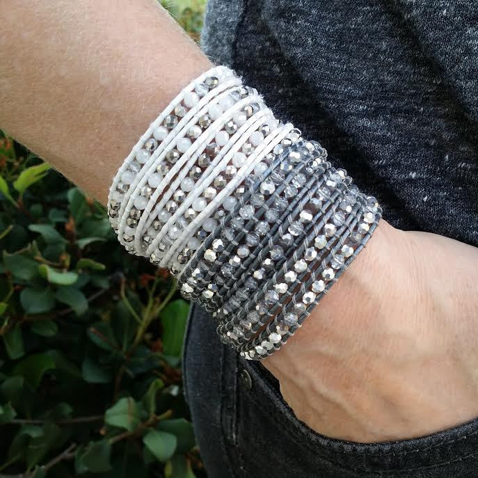 Clear and Silver Crystals on Metallic Grey Leather Wrap Bracelet