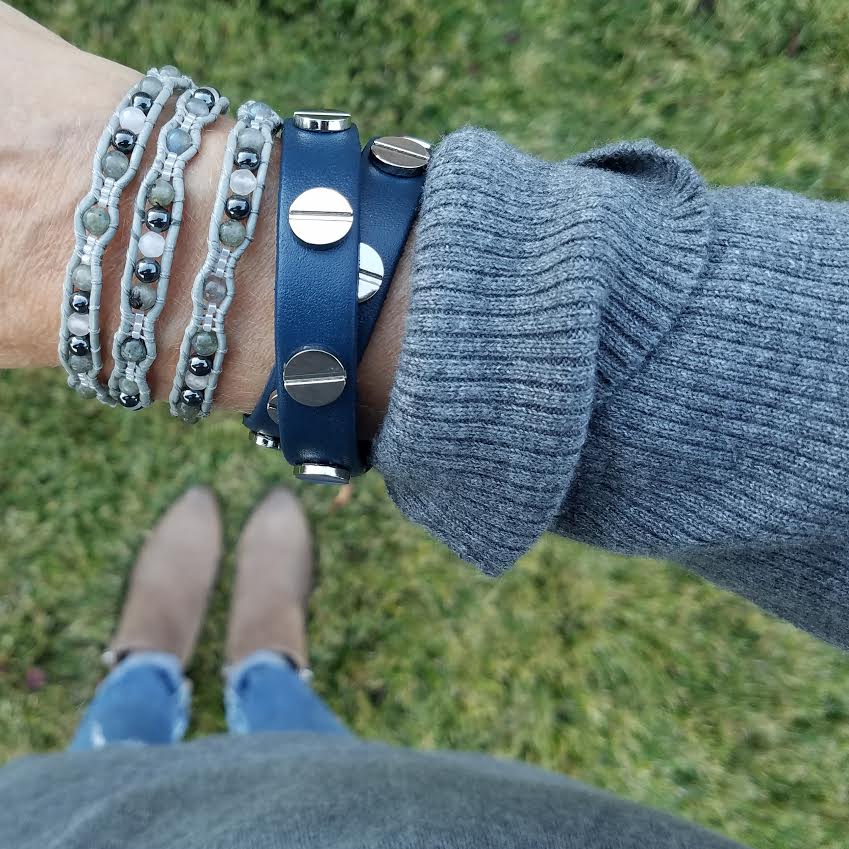 Silver Studded Navy Blue Leather Double Wrap Bracelet
