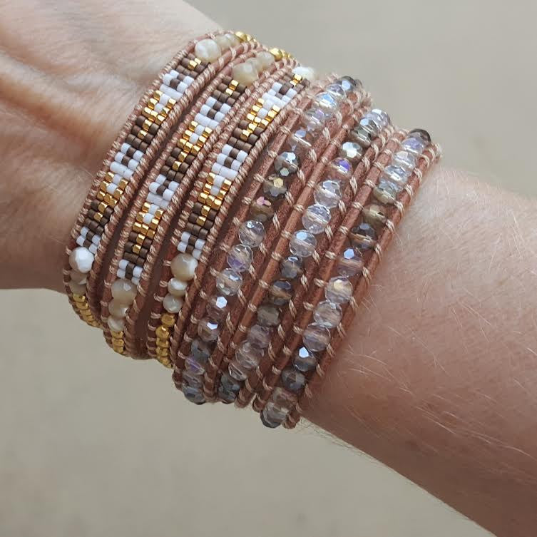 Shell and Gold with Miyuki Glass Seed Beads on Natural Leather Wrap Bracelet