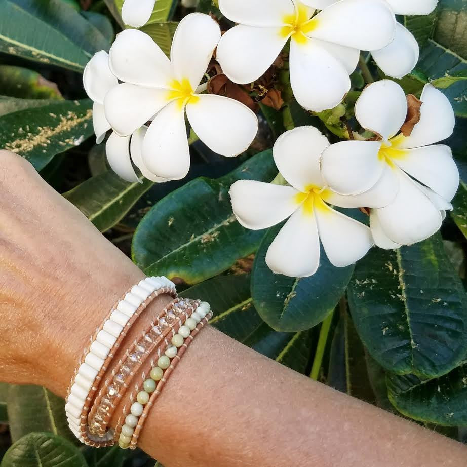 Butter Jade, White Turquoise and Crystals on Natural Leather Wrap Bracelet